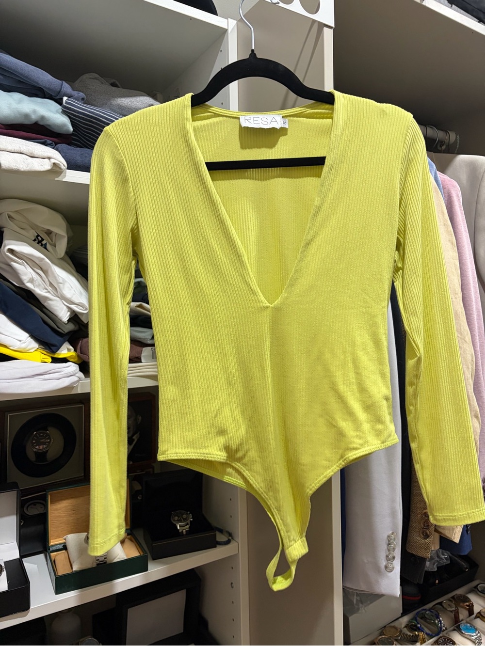 RESA Lime Green/yellow Ribbed V-Neck Long Sleeve Bodysuit
